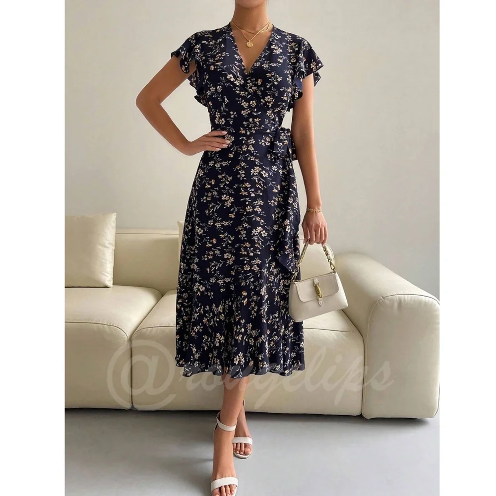Boho Navy Blue Floral V neck Ruffle Hem Midi Length, A Line Wrap Style - Picture 6 of 10